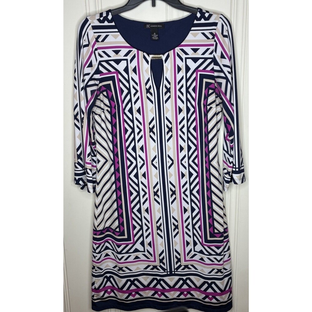 Bold Geometric Design 3/4 Sleeve Navy Pink White Tan INC dress Sz M Soft Stretch